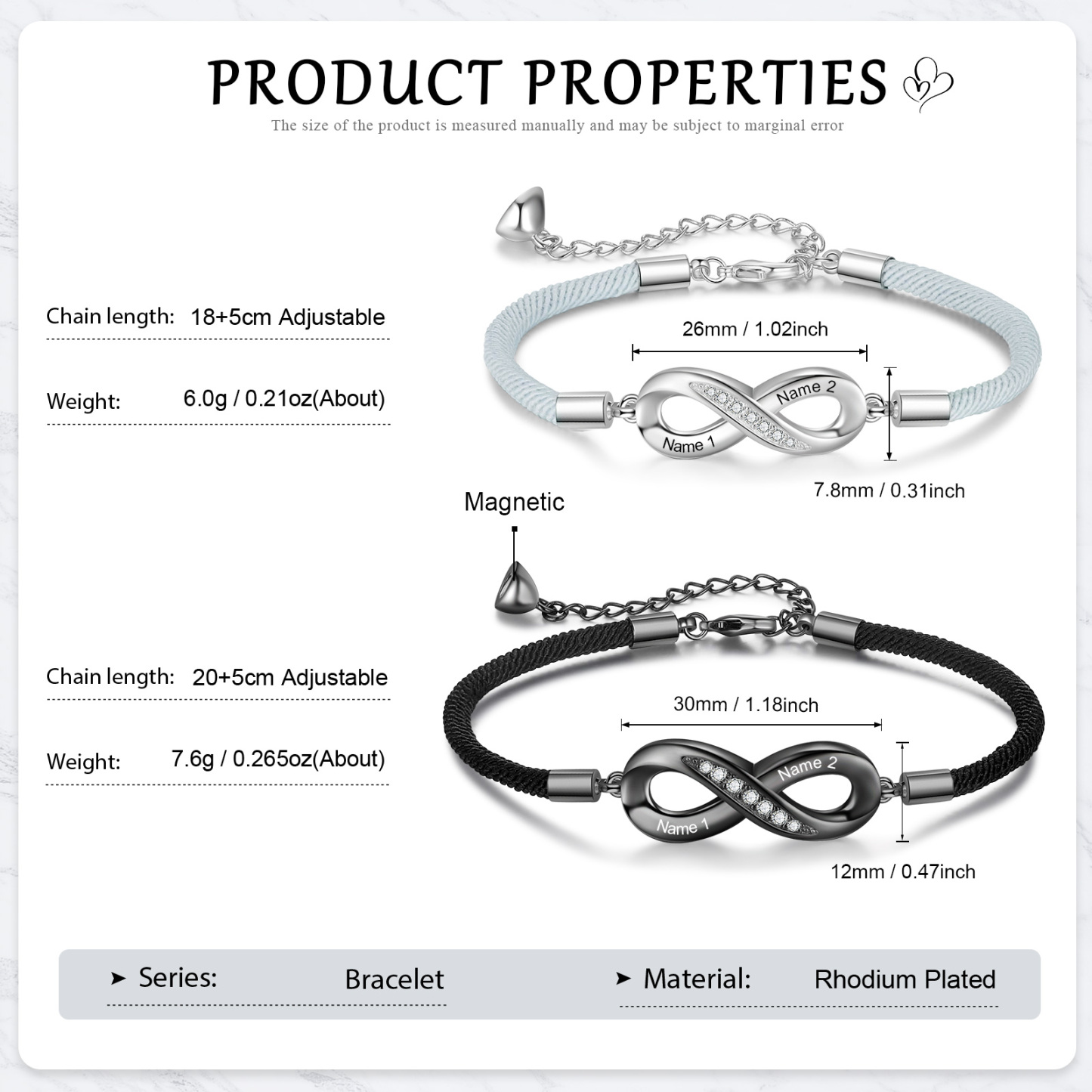 Personalisierte 2 Namen Paar Infinity Herz Magnet Armbänder mit Zirkonia