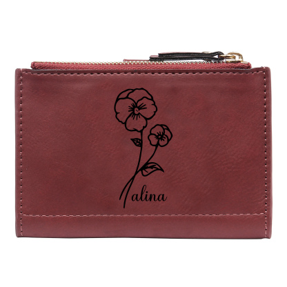 Damen Personalisierter Text & Name & Geburtsblume PU Leder Geldbörse