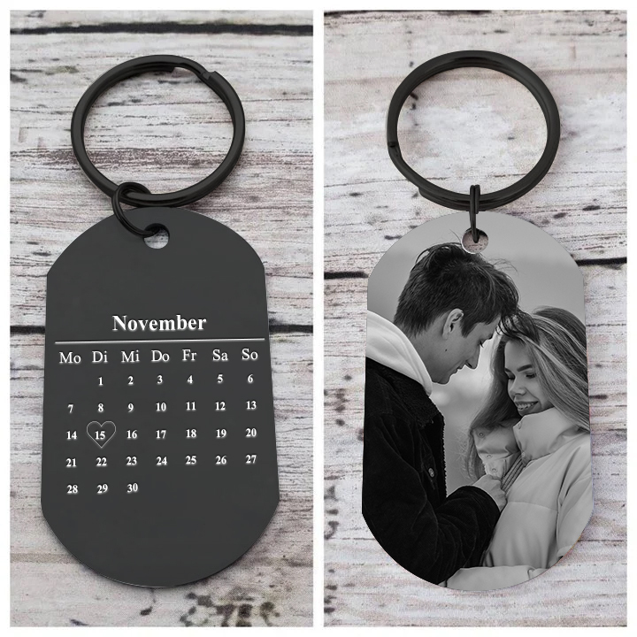 Personalisierbares Foto & Datum Schwarz Metall Paar Schlüsselanhänger-Geschenk für Freundin/Freund