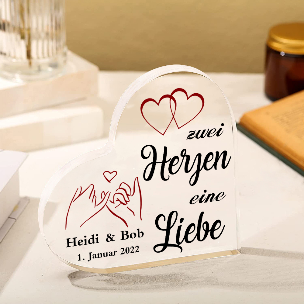 Personalisierte Text & Datum Acryl-Deko-Zwei Herzen eine Liebe-Schreibtischdekoration für Paar