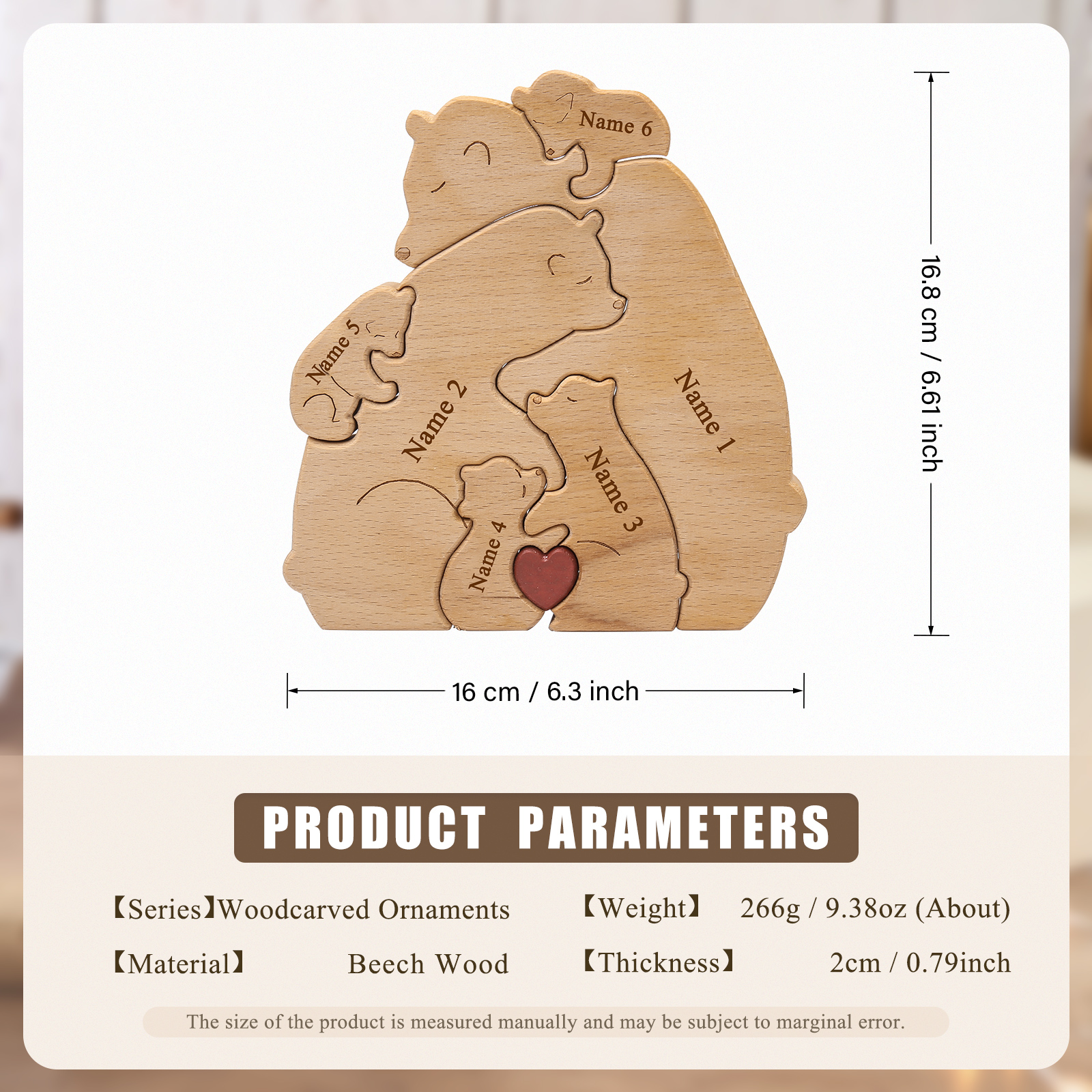 Holzskulptur-Personalisierte 6 Namen Bär Umarmung Familie Holz Deko
