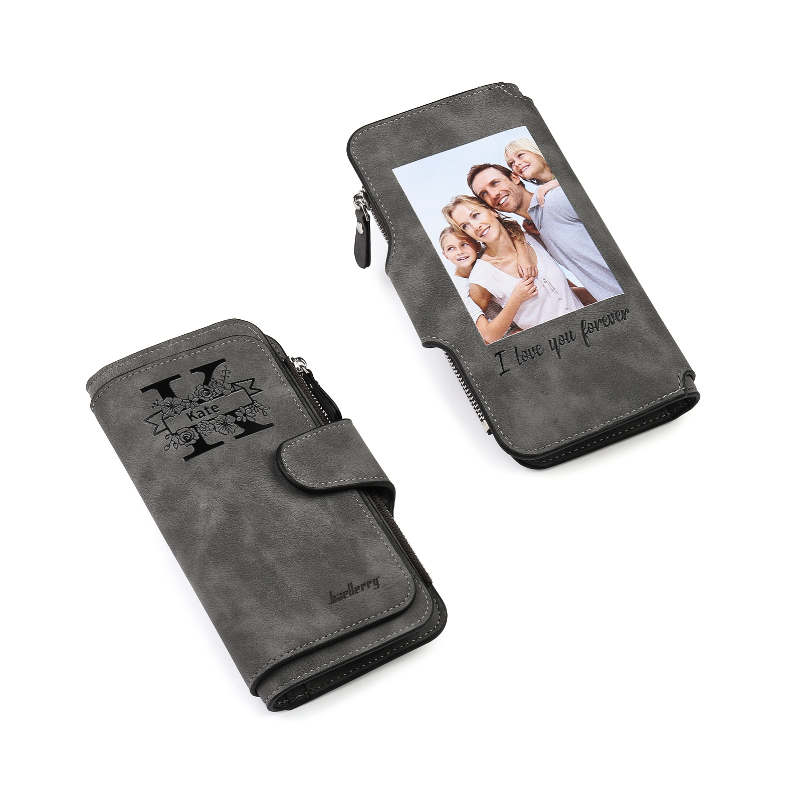 Damen Personalisierter Name & Buchstabe & Foto & Text PU Leder Geldbörse Langes Portemonnaie mit Reißverschluss