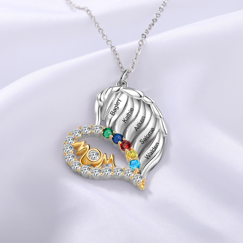 S925 Silber Gravur 5 Namen "MOM" Herz Halskette mit 5 Geburtssteinen