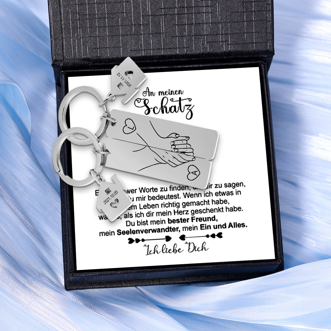 Personalisierbar 2 Buchstaben & 2 Datum- Hand in Hand Zuhause Paar Metall-Schlüsselanhänger-An meinen Schatz-Geschenk mit Nachrichtenkarte