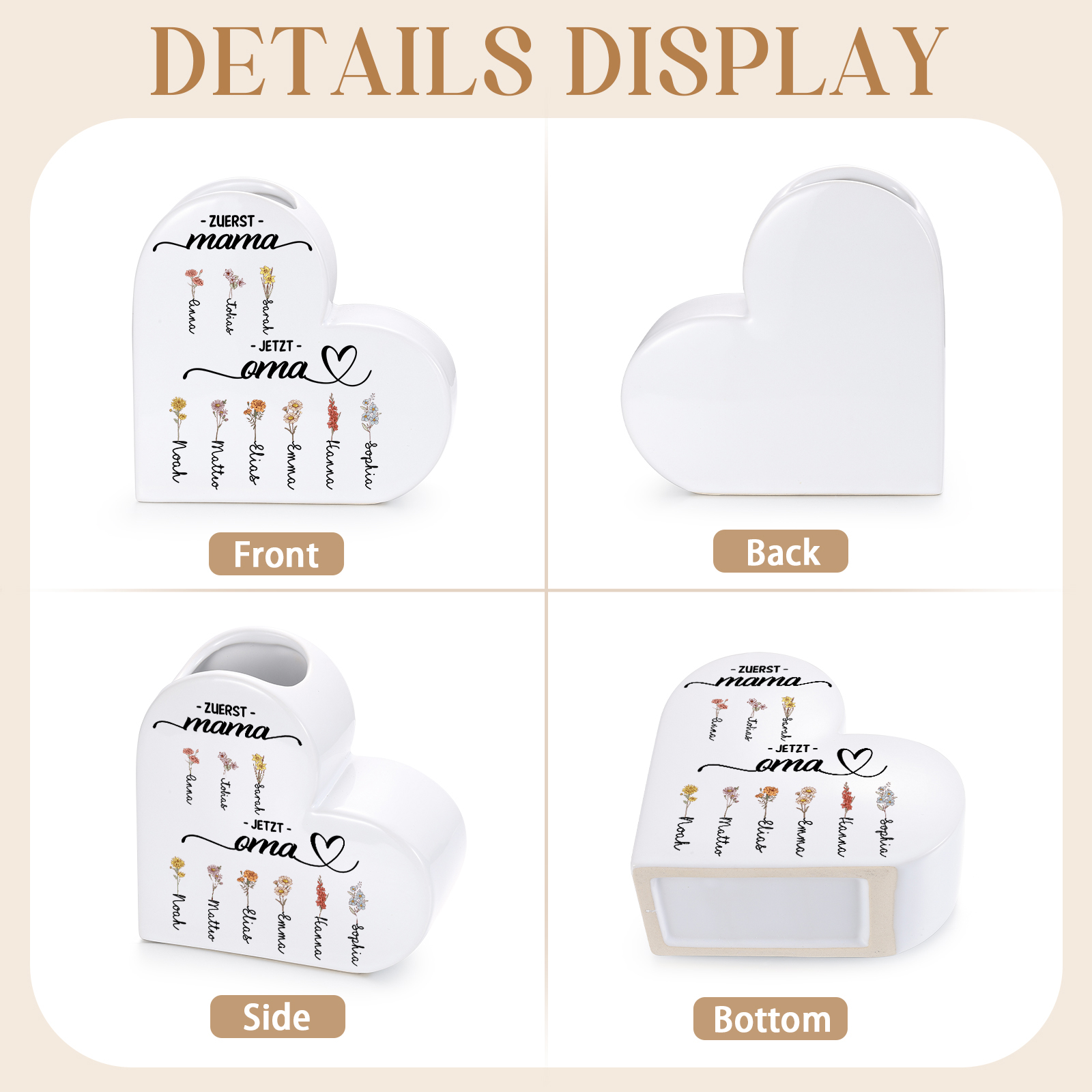 Personalisierte Keramik Herzvase mit 2–12 Geburtsmonat Blumen und Wunschname