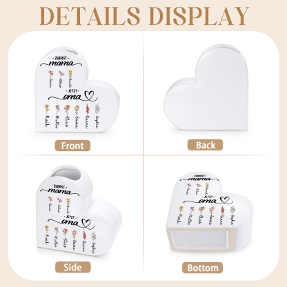 Personalisierte Keramik Herzvase mit 2–12 Geburtsmonat Blumen und Wunschname