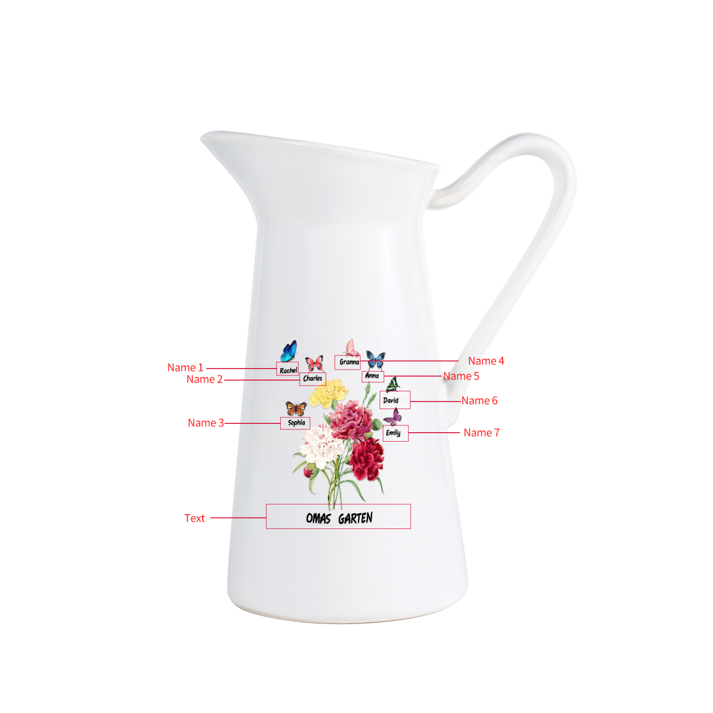 Personalisierte 7 Namen & Text Blumen & Schmetterling Gießvase mit Henkel Familie Vase