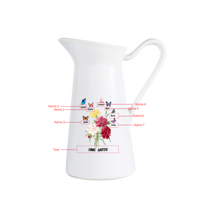 Personalisierte 7 Namen & Text Blumen & Schmetterling Gießvase mit Henkel Familie Vase