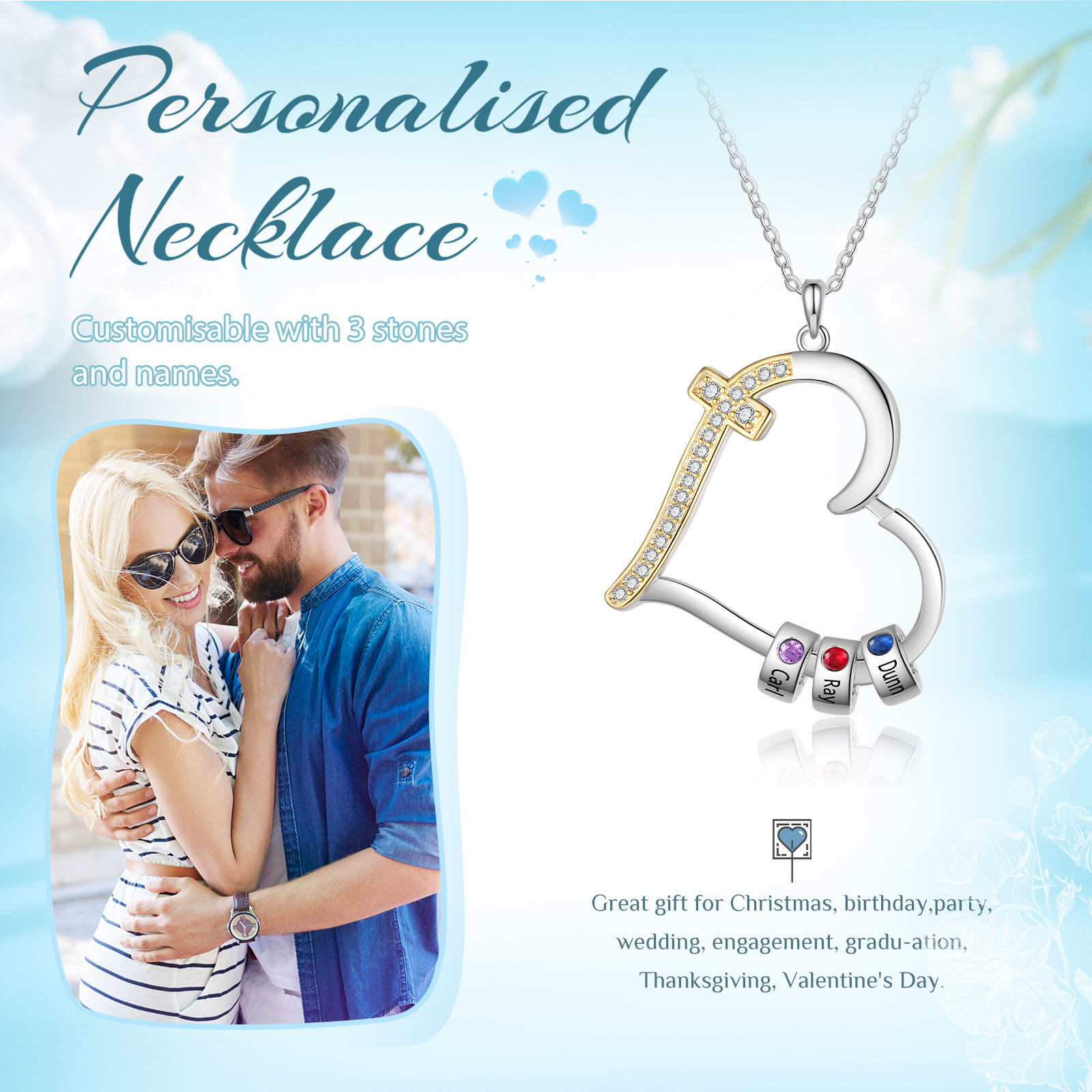 Personalisierte Herz-Halskette mit Kreuz, 2–5 Namen und Geburtssteinen