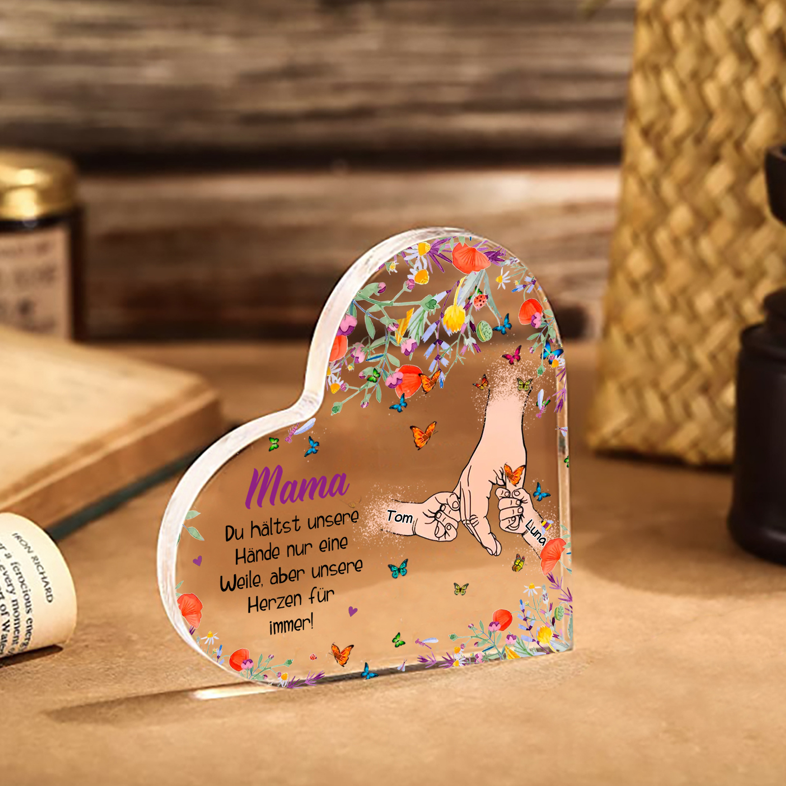 Personalisierte 2 Namen Herz Acryl-Deko -Mama Du hältst mein Hand nur eine Weile, aber unsere Herzen für immer- Schreibtischdekoration für Mutter