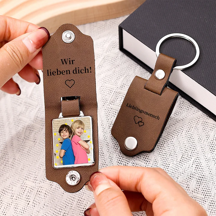 Personalisierte Foto & Text Geldbörse & Foto & 2 Texte Leder Schlüsselanhänger & Foto Armband Geschenkpackung Geschenkset für Mann Freund