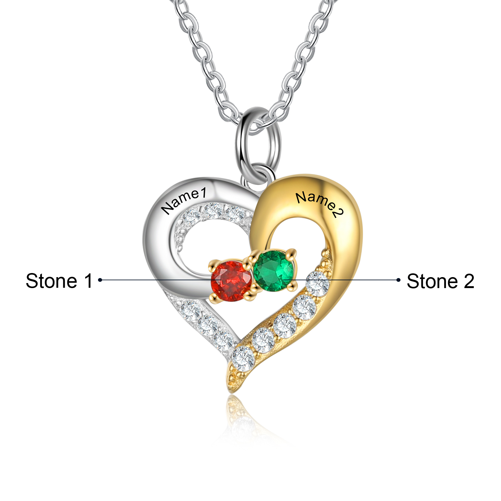 S925 Silber Gravur 2 Namen Herz Halskette mit 2 Geburtssteinen