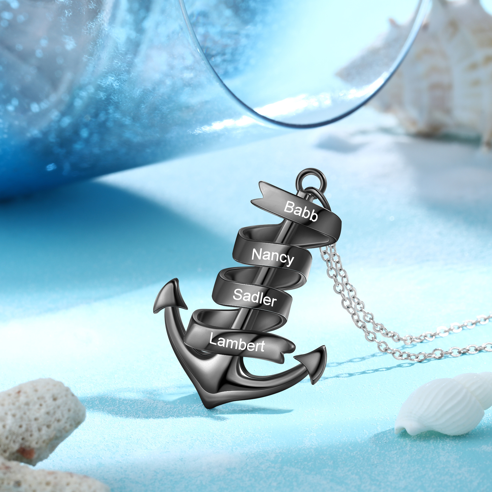 925 Sterling Silber Personalisierte 4 Namen Anker Halskette für Vater -Geschenk mit Meer Nachrichtenkarte