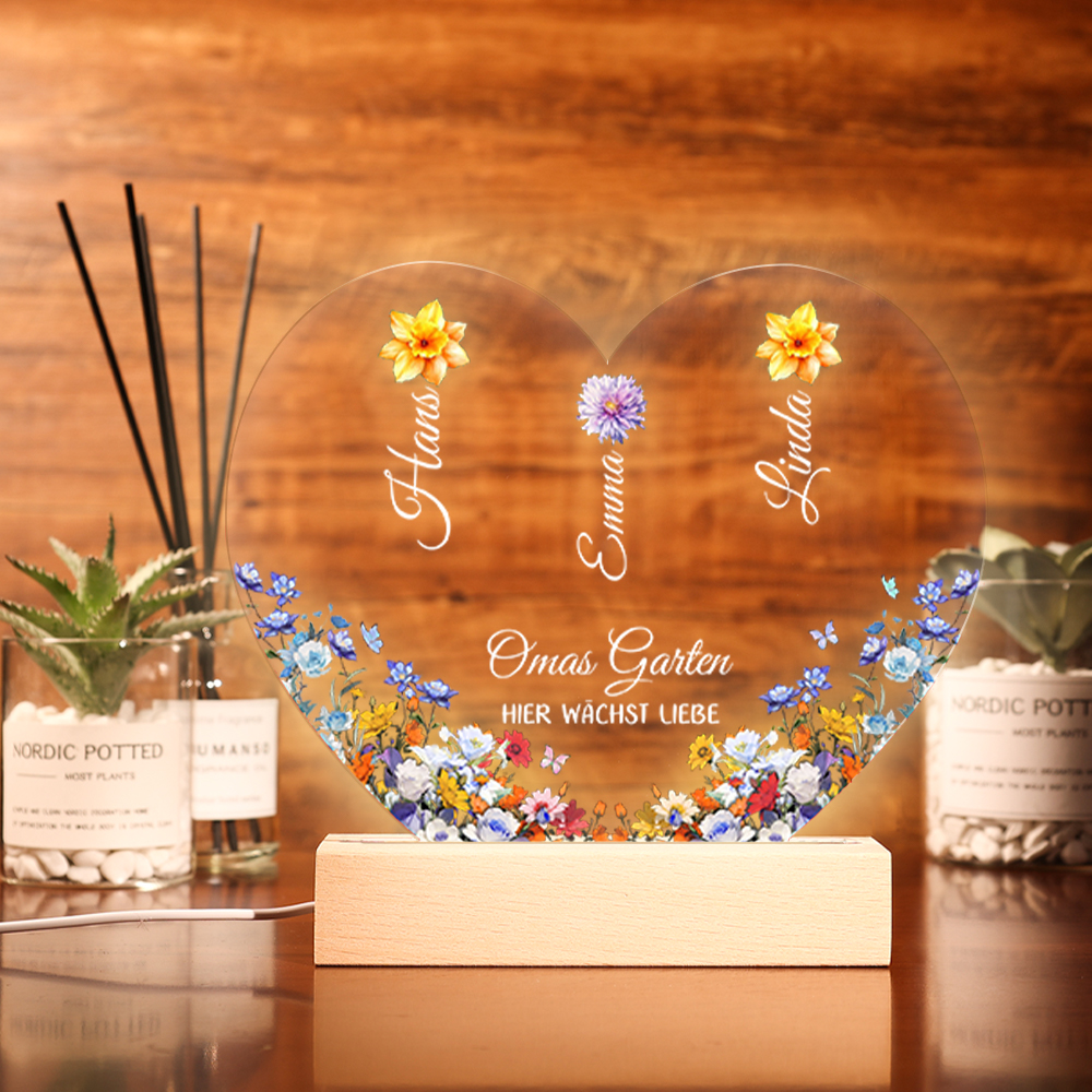 Personalisierte 1-8 Namen & Blumen Herz Omas Garten Nachtlicht Geschenk für Großmutter zum Muttertag