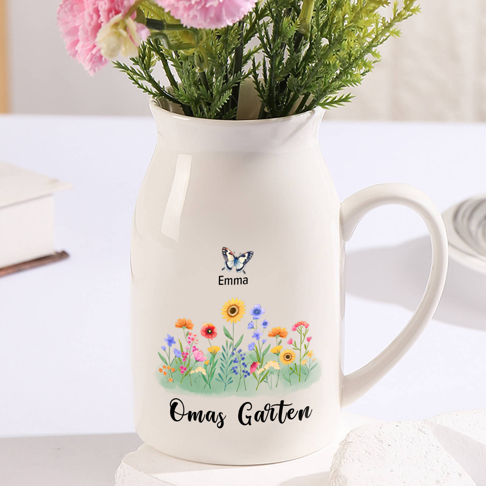Personalisierter 1 Name & Text Blumen & Schmetterling Familie Vase