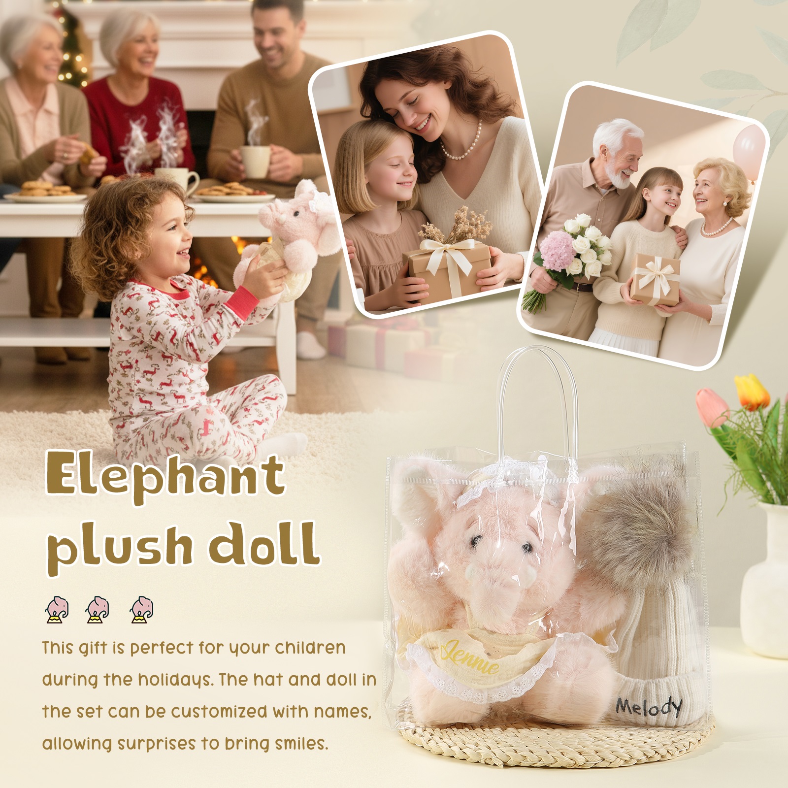 Personalisiertes Geschenkset: grün Plüschhase & Bommelmütze mit Namensstickerei – für Babys & Kinder