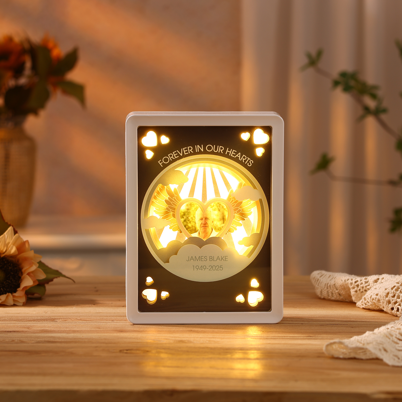 3D LED Gedenk‑Bilderrahmen Licht – Engelsflügel, Personalisierbar,Gedenkgeschenk,Nachtlicht mit Bilderrahmen