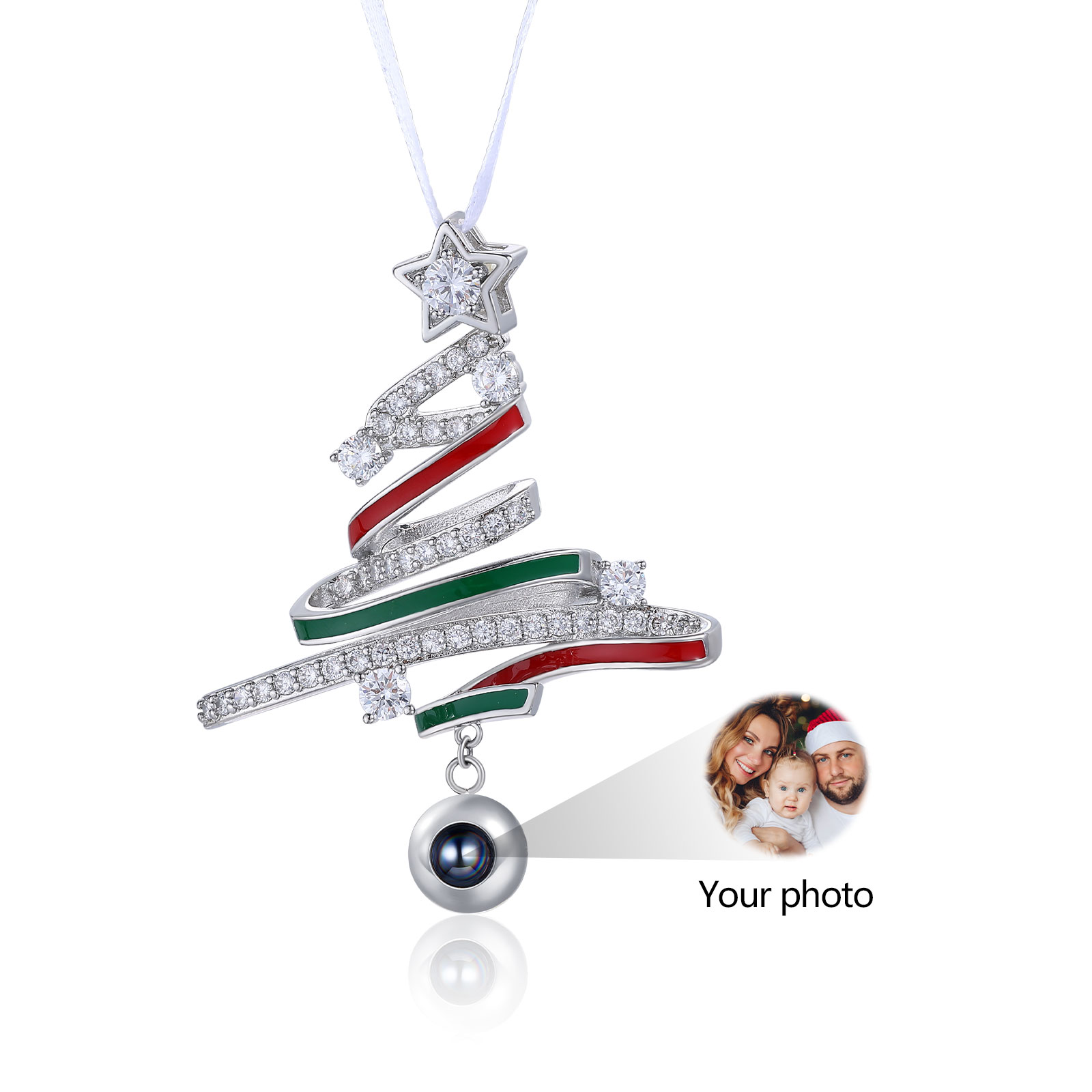 Personalisiertes Weihnachts‑Projektionsornament – Kranz mit Tannenbaum, Foto im Stein, Christbaumanhänger, Weihnachtsanhänger