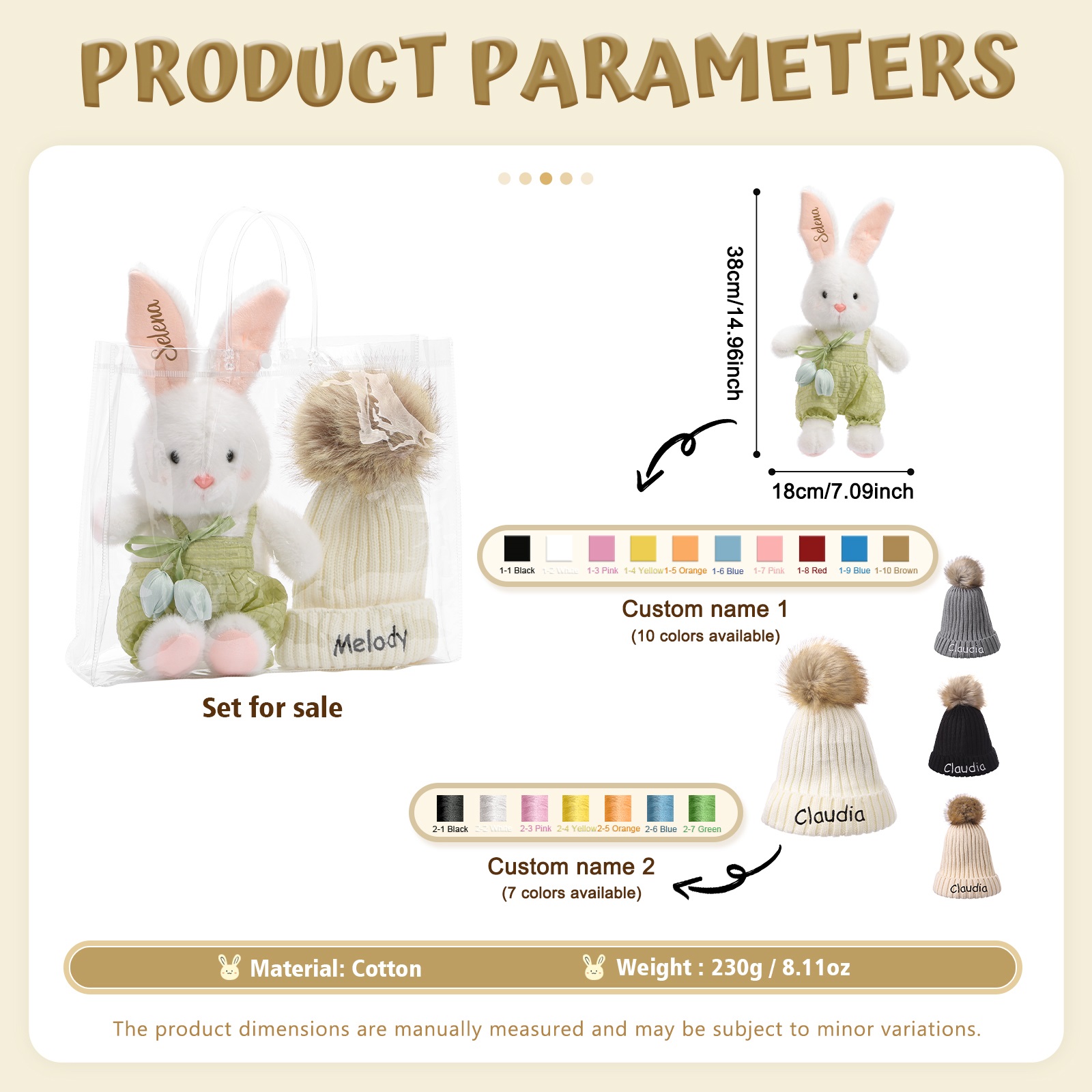 Personalisiertes Geschenkset: grün Plüschhase & Bommelmütze mit Namensstickerei – für Babys & Kinder