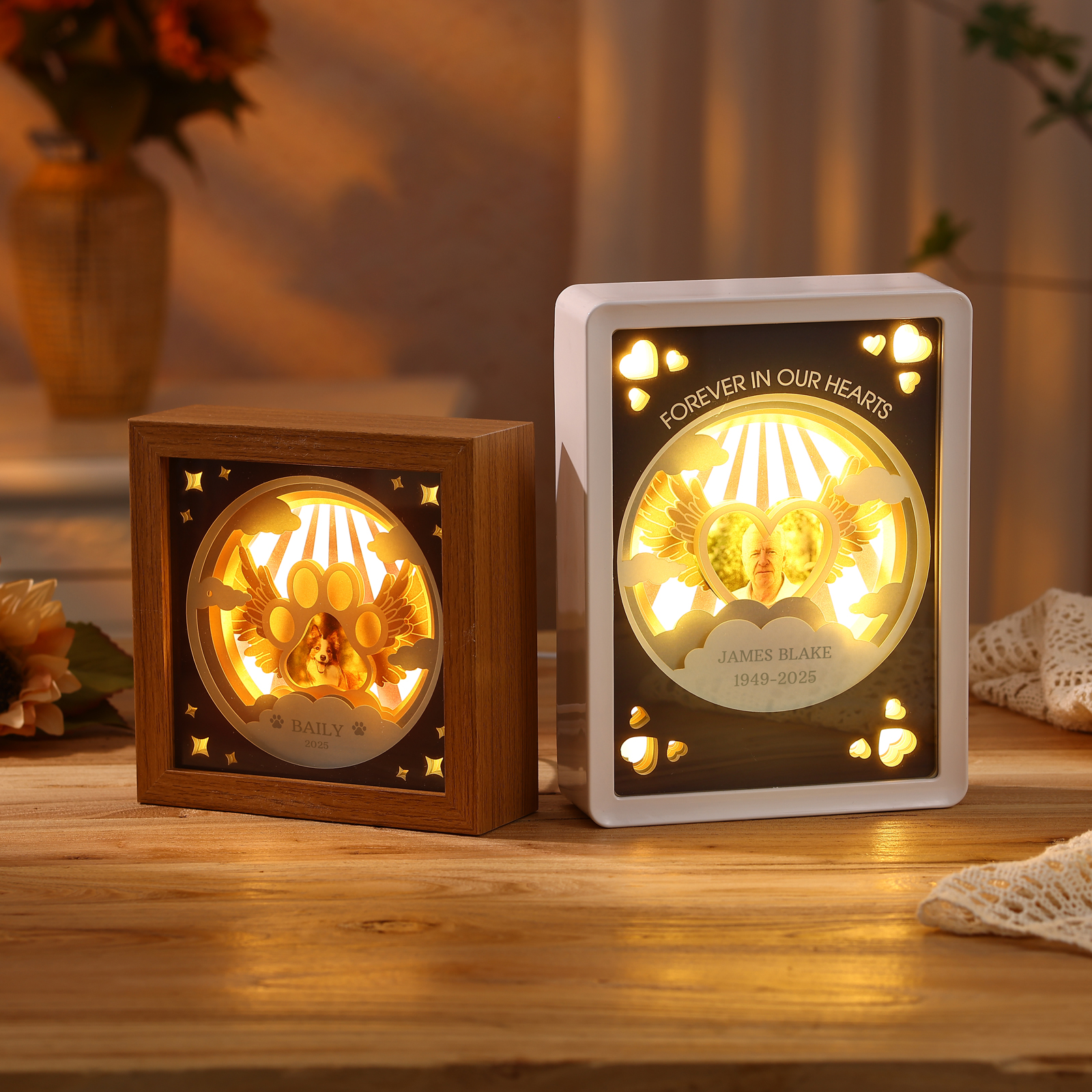 3D LED Gedenk‑Bilderrahmen Licht – Engelsflügel, Personalisierbar,Gedenkgeschenk,Nachtlicht mit Bilderrahmen