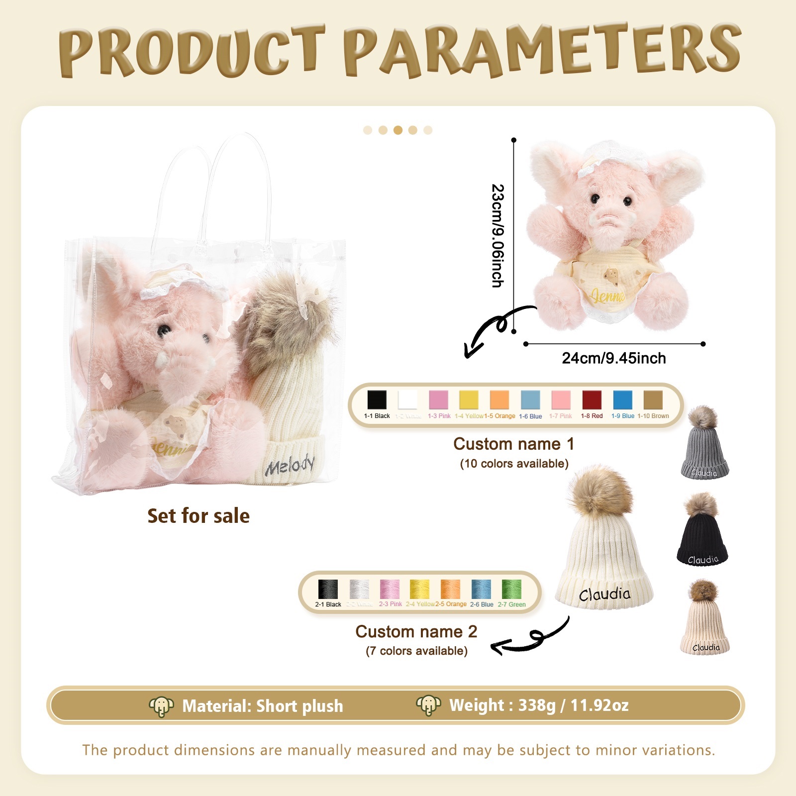 Personalisiertes Geschenkset: rosa Plüschhase & Bommelmütze mit Namensstickerei – für Babys & Kinder