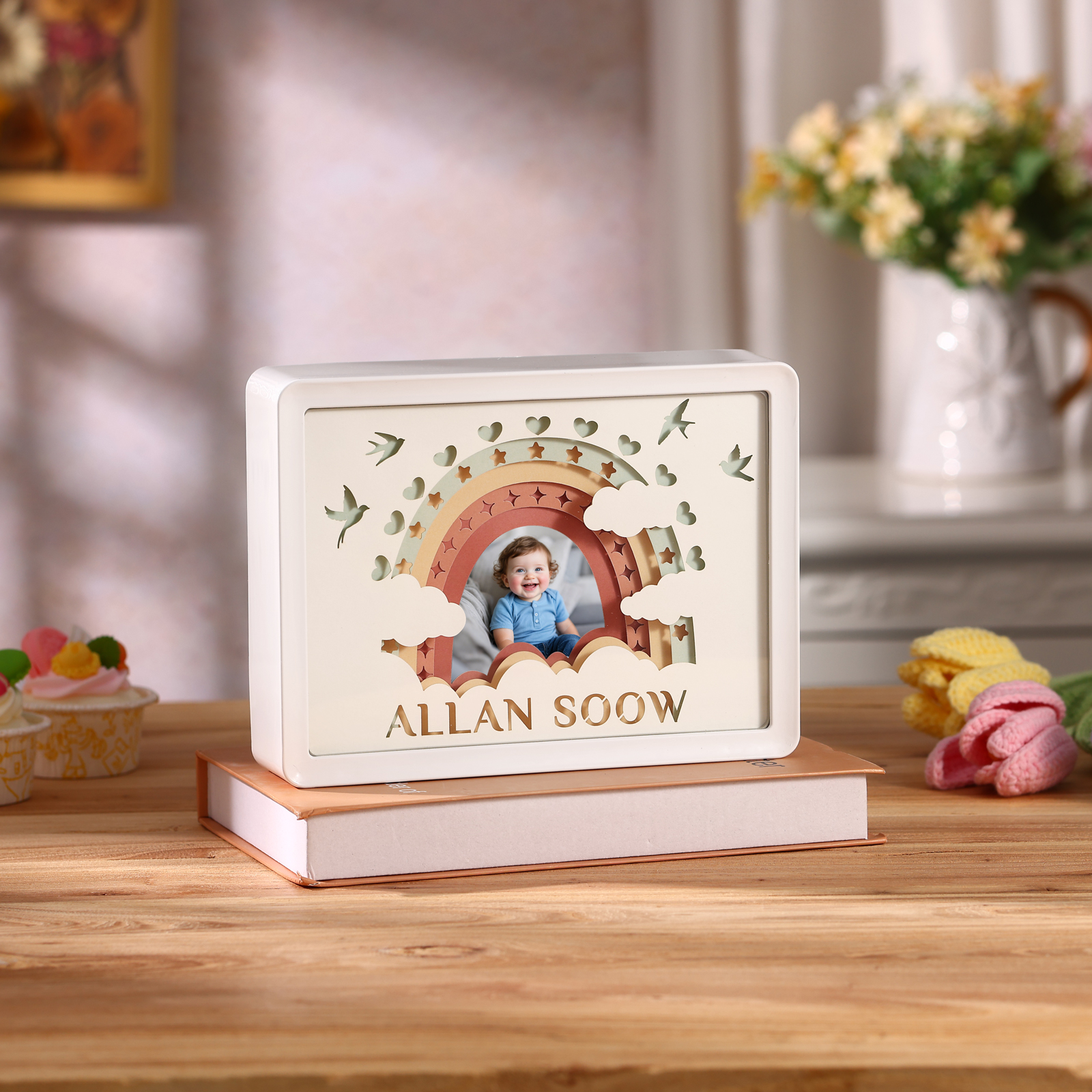 3D LED Baby‑Geburtsdaten Bilderrahmen mit Licht – personalisierbar, Regenbogen‑Design