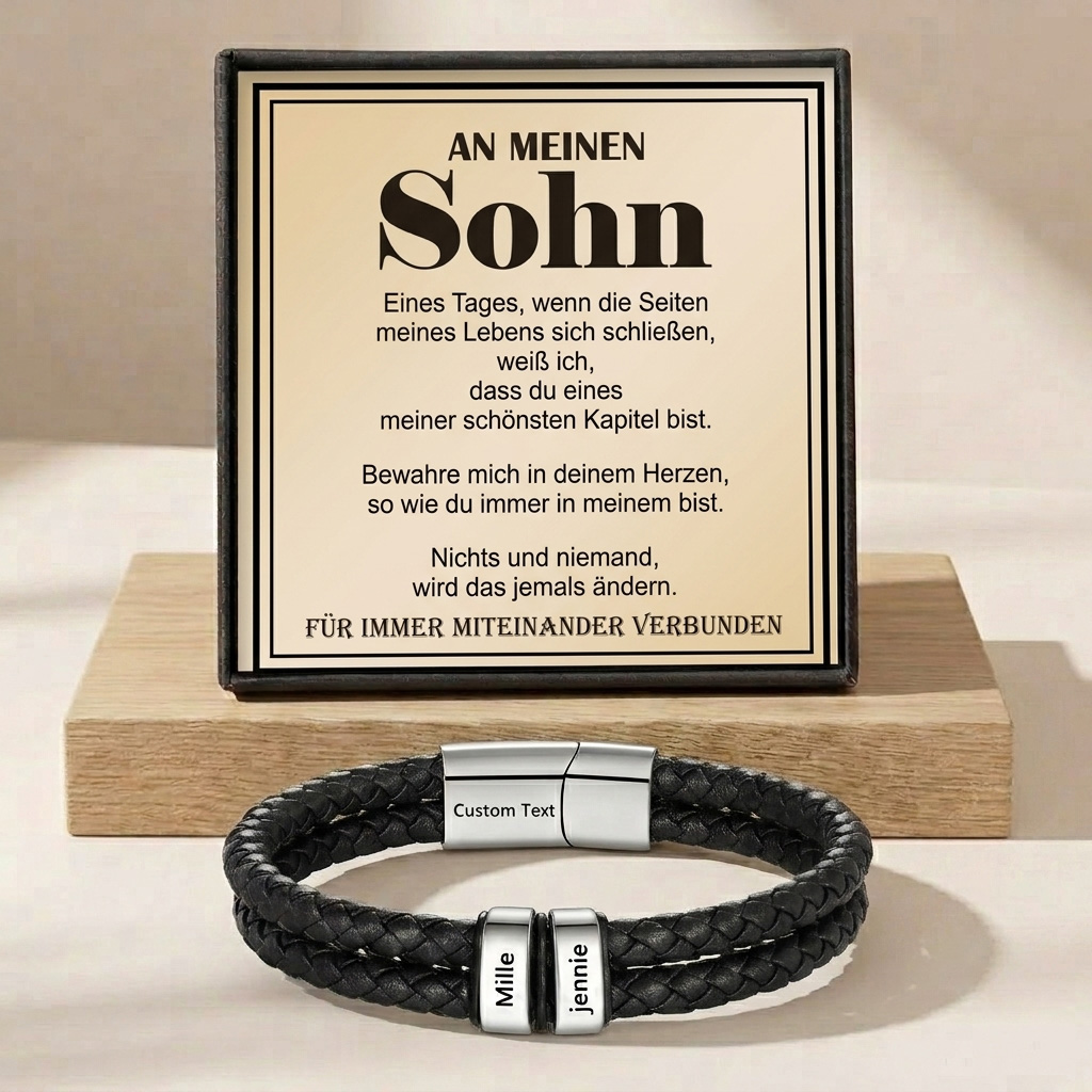 An meinen Sohn – Herrenarmband mit Namensperlen und Gravurverschluss – geflochten, schwarz – Geburtstags- und Abschlussgeschenk für den Sohn | kettenmachen