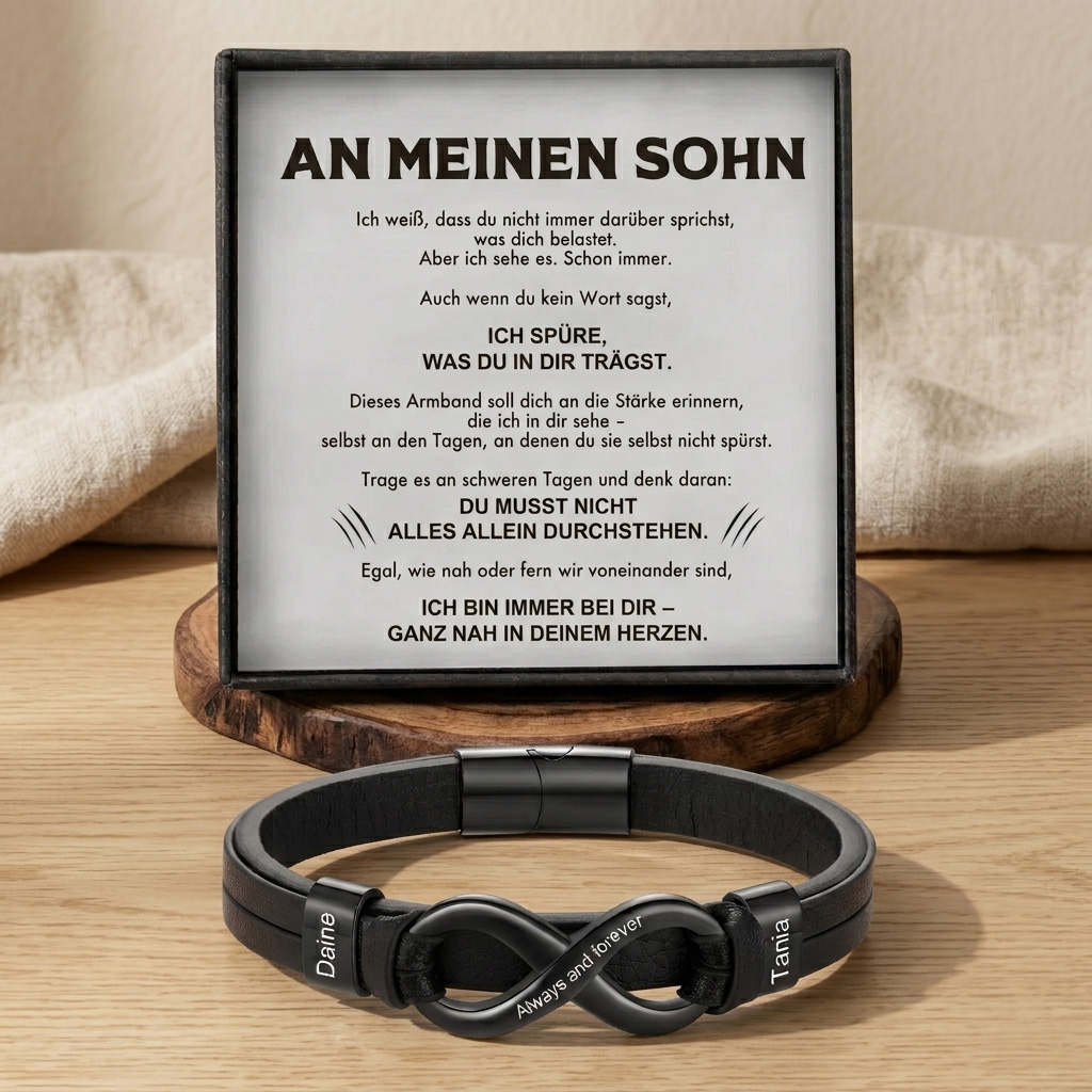 An meinen Sohn – Herrenarmband mit Namensperlen und Gravurverschluss – geflochten, schwarz – Geburtstags- und Abschlussgeschenk für den Sohn | kettenmachen