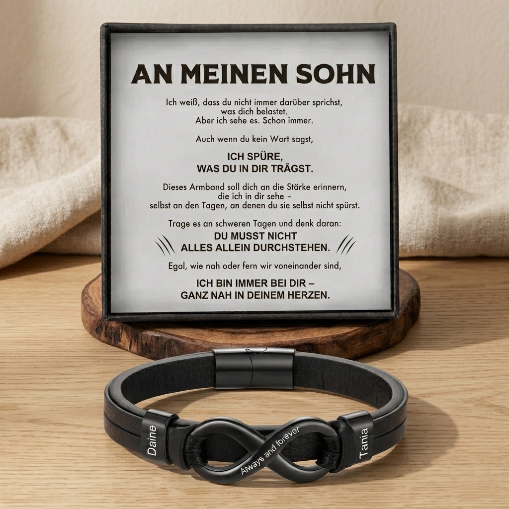 An meinen Sohn – Herrenarmband mit Namensperlen und Gravurverschluss – geflochten, schwarz – Geburtstags- und Abschlussgeschenk für den Sohn | kettenmachen