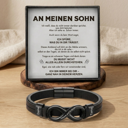 An meinen Sohn – Herrenarmband mit Namensperlen und Gravurverschluss – geflochten, schwarz – Geburtstags- und Abschlussgeschenk für den Sohn | kettenmachen