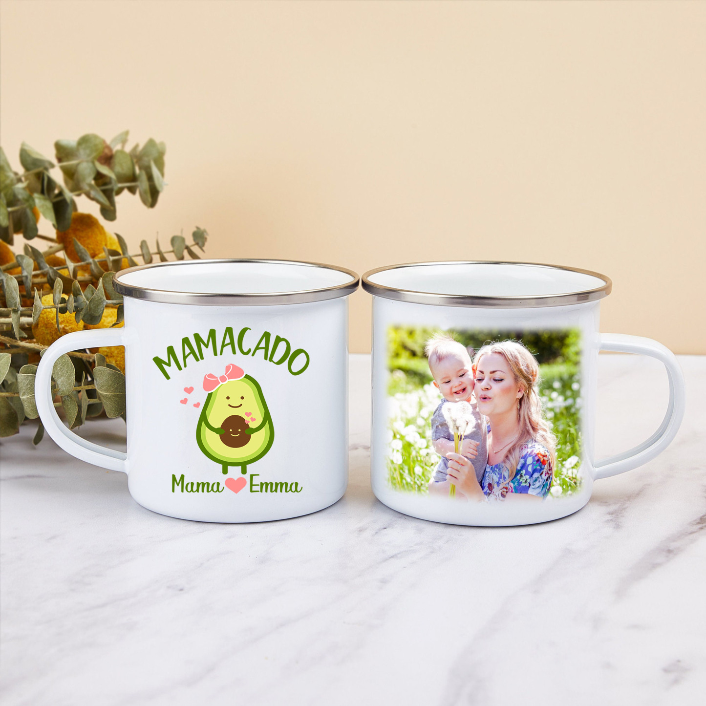 Personalisierbares Foto & 2 Namen Emaille Tasse Mamacado Emaille Becher für Mutter