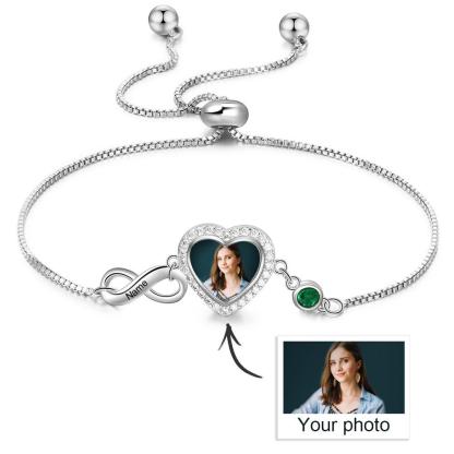 Personalisierbares Unendlichkeits-Herzarmband mit Foto, Gravur & Geburtsstein – Verstellbar