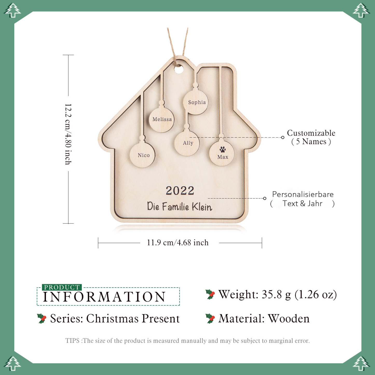 Holz Weihnachtsornament-Personalisiertes 5 Namen Text Jahr Haus Ornament Anhänger 