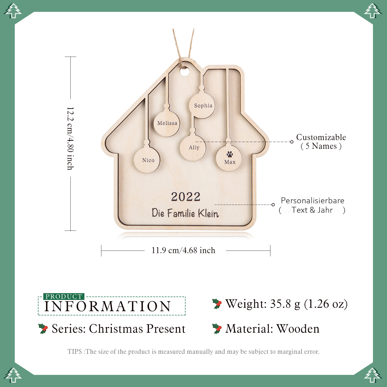 Holz Weihnachtsornament-Personalisiertes 5 Namen Text Jahr Haus Ornament Anhänger 