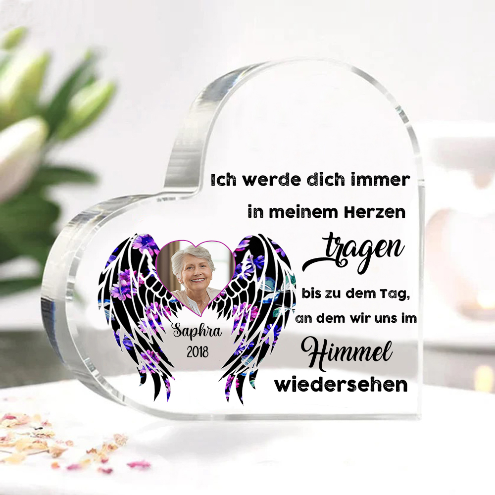 Personalisierter Name & Foto & Jahr Acryl-Deko-Ich werde dich immer in meinem Herzen tragen-Trauer Schreibtischdekoration