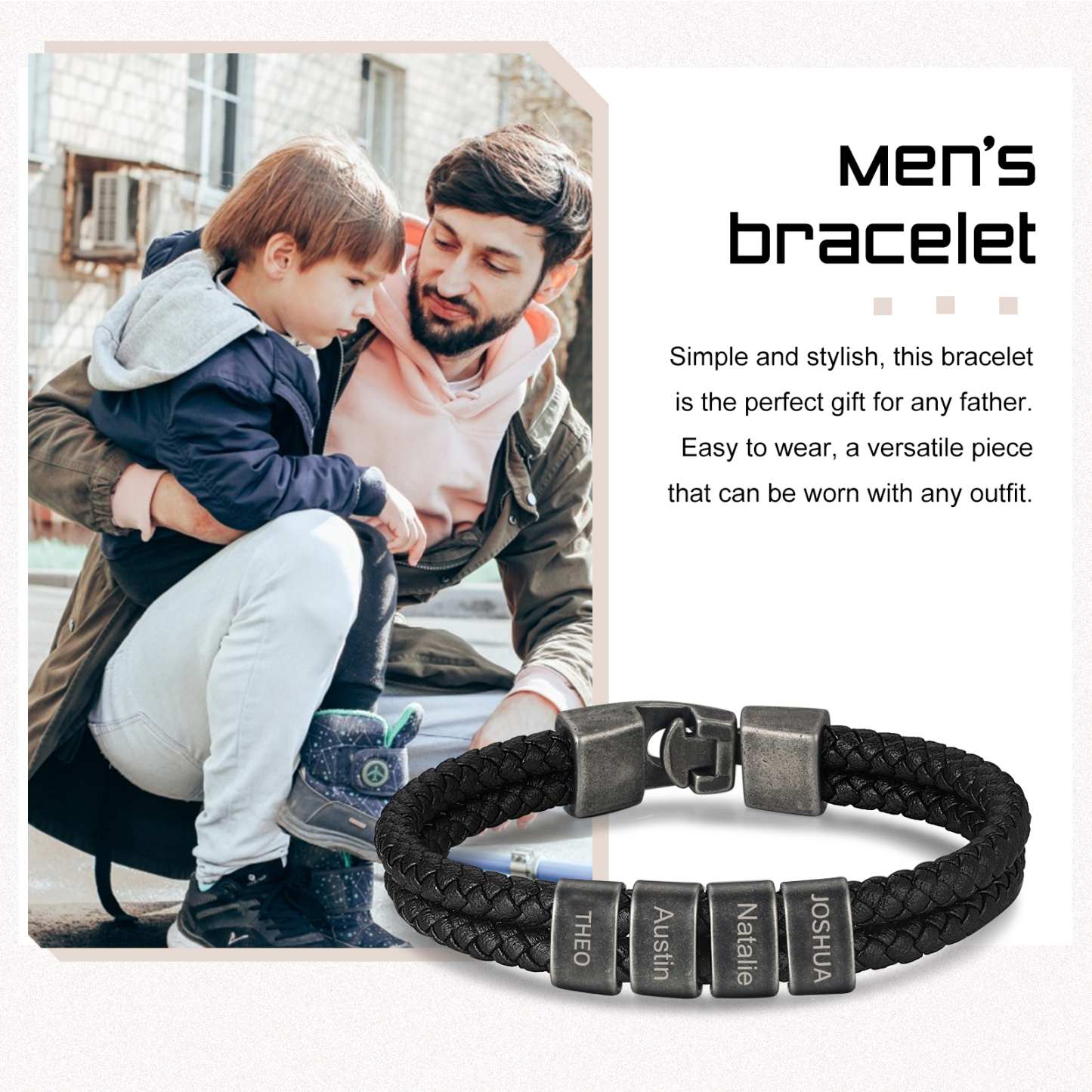 Personalisiertes Herren 4 Namen Leder Vintage Armband mit Edelstahl Perle
