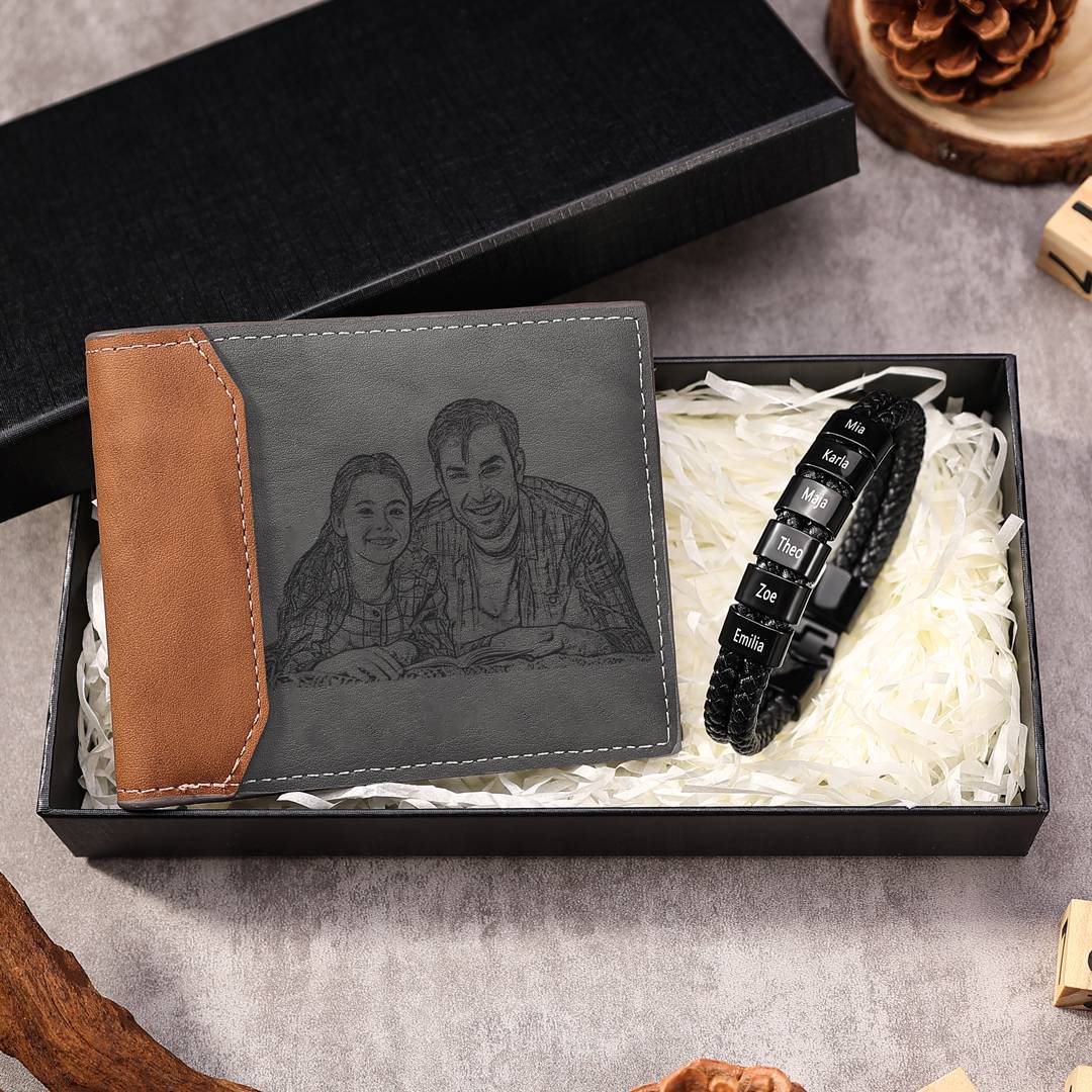 Personalisiertes Foto & Name & Buchstabe Geldbörse & 6 Namen Schwarz Armband Geschenkpackung Geschenkbox Set