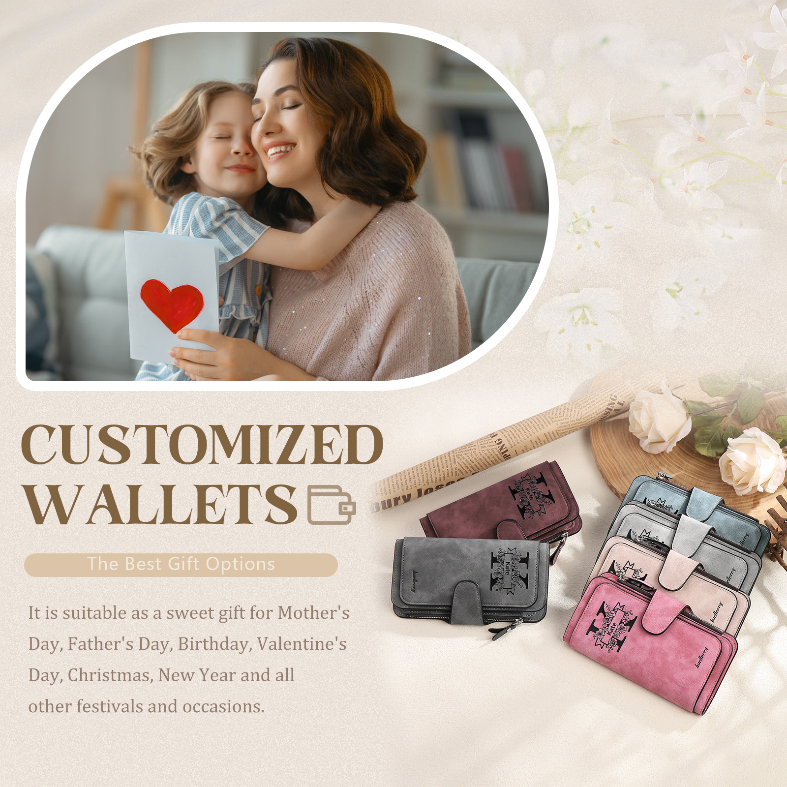 Damen Personalisierter Name & Buchstabe & Foto & Text PU Leder Geldbörse Langes Portemonnaie mit Reißverschluss