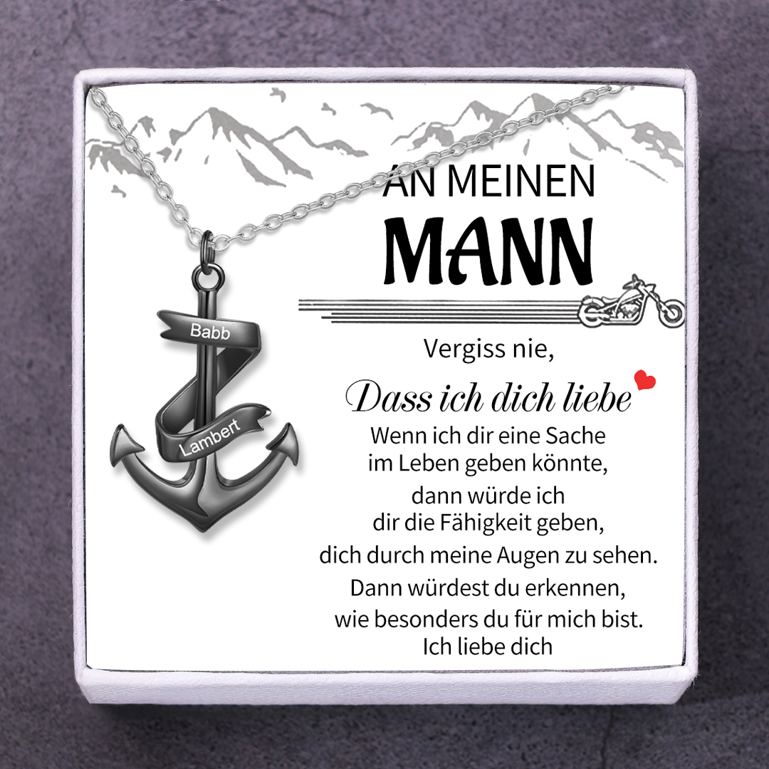 925 Sterling Silber Personalisierte 2 Namen Schwarz Anker Halskette-Geschenk mit Weiß Nachrichtenkarte