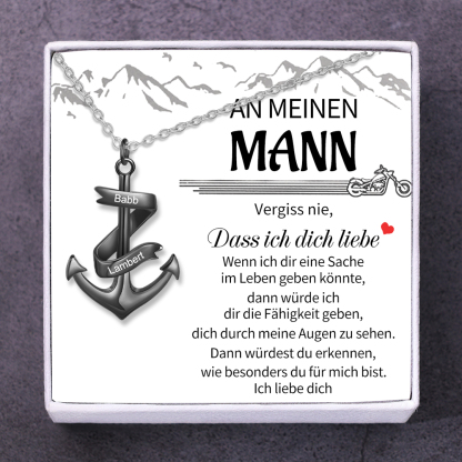 925 Sterling Silber Personalisierte 2 Namen Schwarz Anker Halskette-Geschenk mit Weiß Nachrichtenkarte