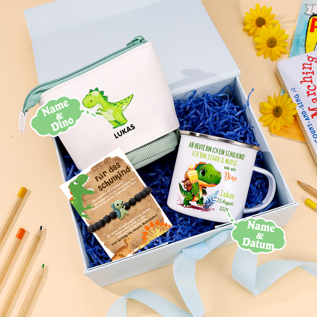 Kettenmachen Schulanfang Geschenkset-Personalisierter Name & Datum Dino Emaille Tasse & Personalisierter Name Stifteetui & Diono Armband Set - Geschenk für Schulkind mit Geschenk Box 36.89