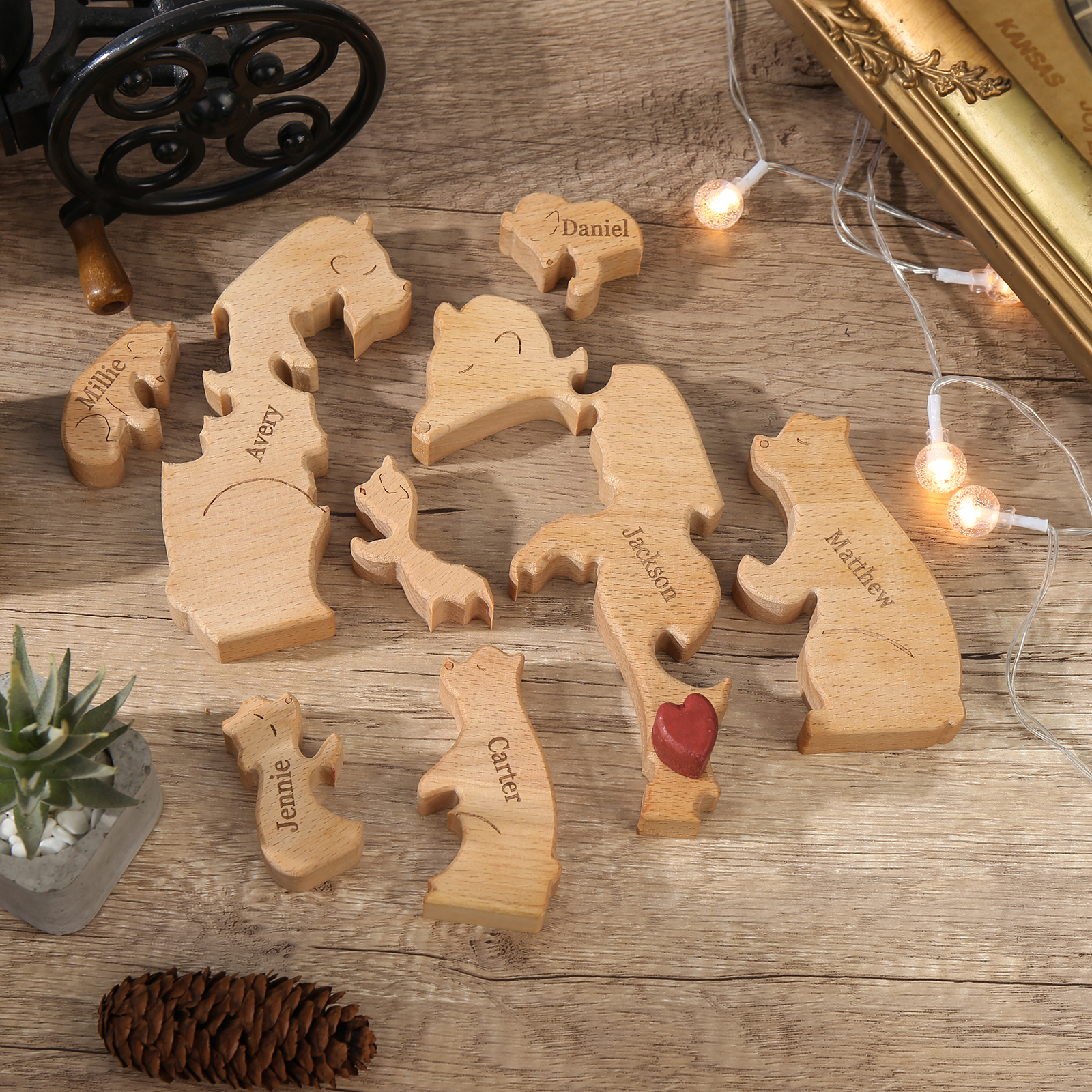 Holzskulptur-Personalisierte 8 Namen Bär Umarmung Familie Holz Deko