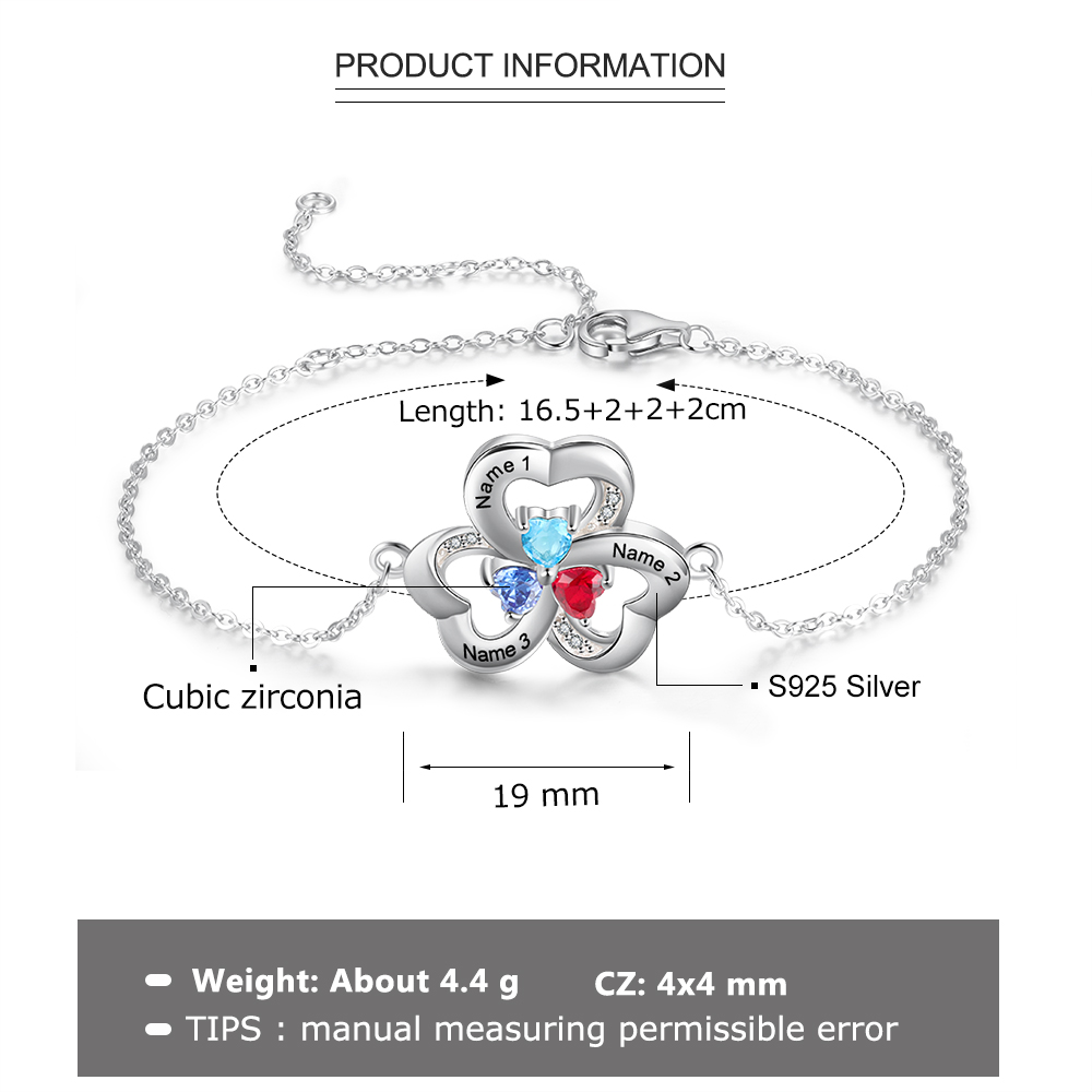 925 Sterling Silber Herzförmiges Armband mit 3Namen und 3 Geburtssteinen