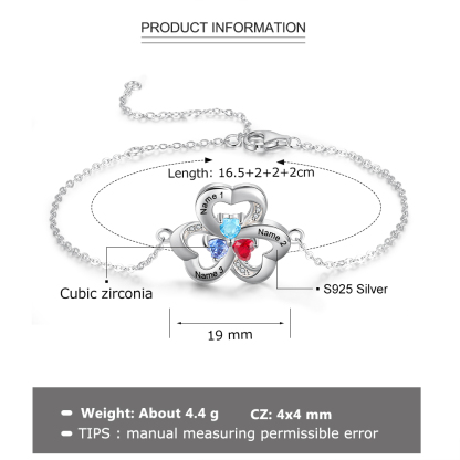 925 Sterling Silber Herzförmiges Armband mit 3Namen und 3 Geburtssteinen