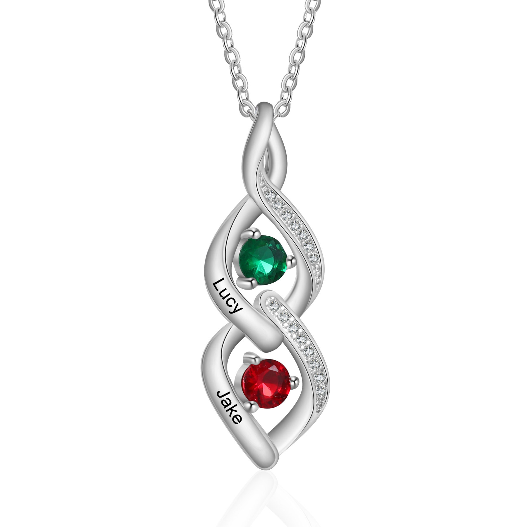 Personalisierte 2 Namen & Geburtssteine Diamant Halskette mit Zirkonia