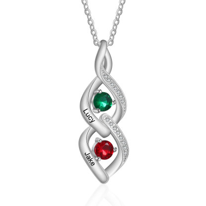 Personalisierte 2 Namen & Geburtssteine Diamant Halskette mit Zirkonia