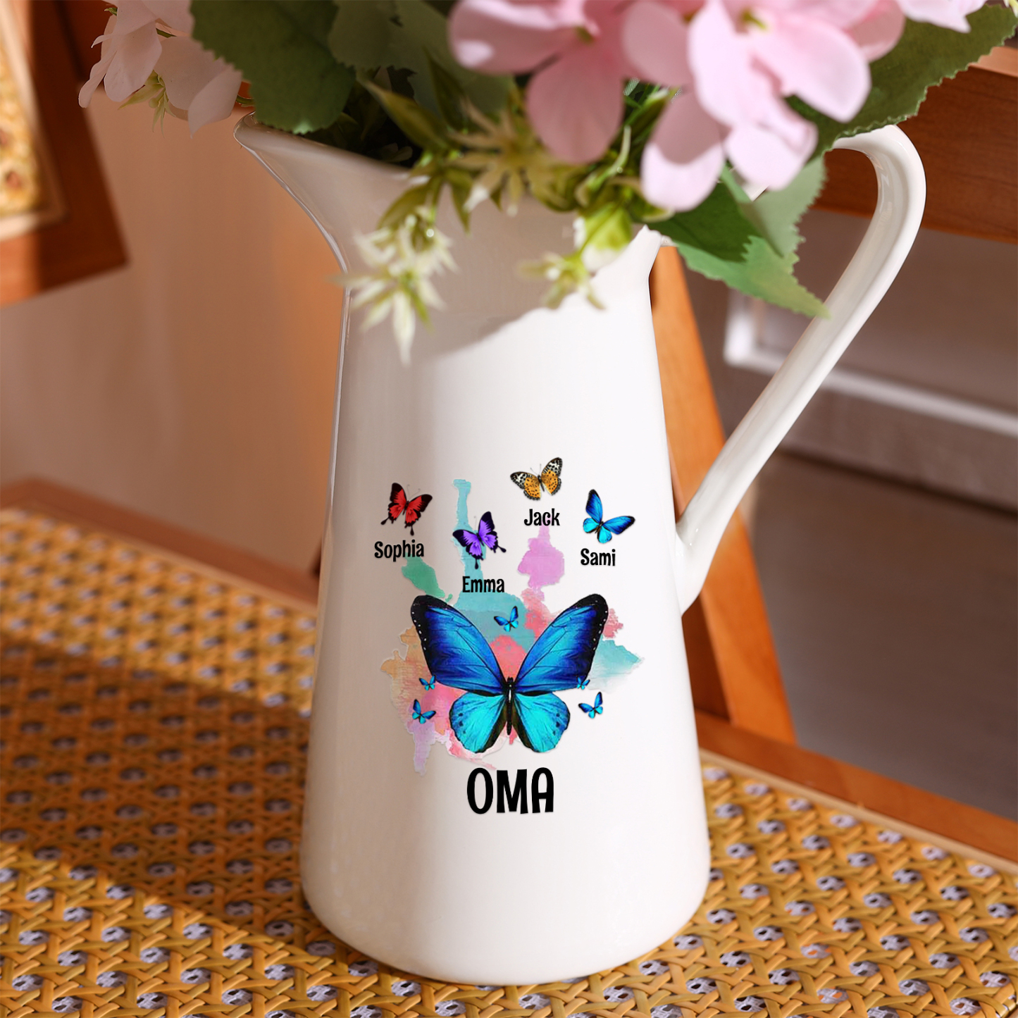 Personalisierte 4 Namen & Text Blau Schmetterling Gießvase mit Henkel Familie Vase