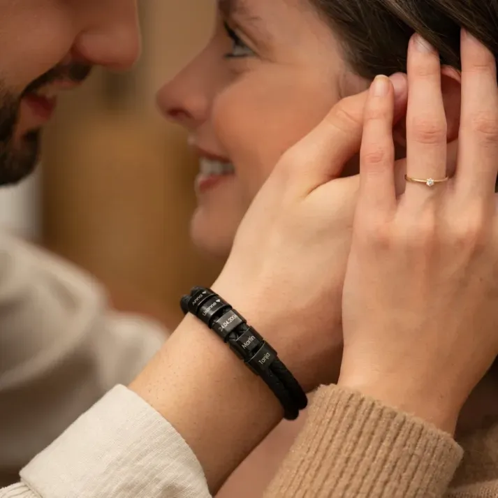 Herren Gravur 1-8 Namen Perlen Doppelt geflochtenes Lederarmband