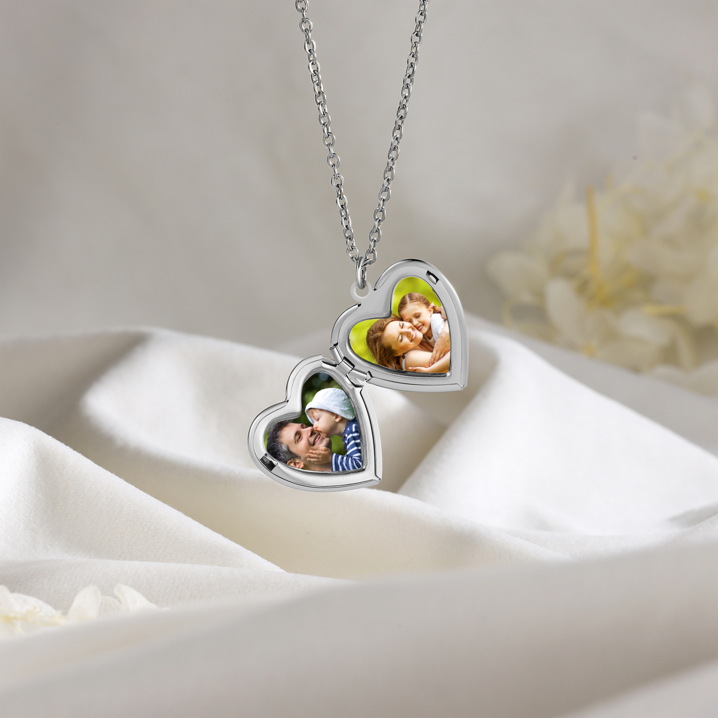 Personalisierte 2 Fotos & Geburtsblume & Name Feine Herz Halskette