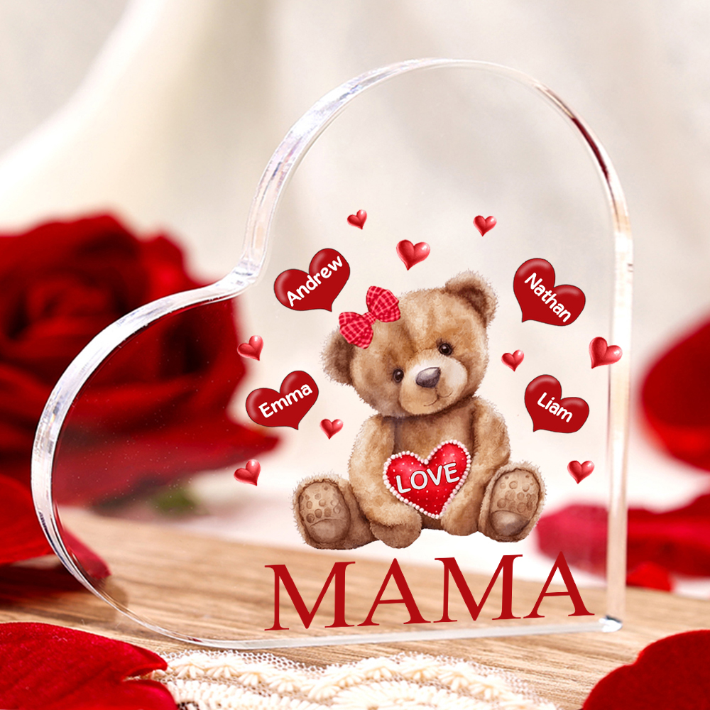 Personalisierte 4 Namen & Text Teddybär Familie Acryl-Deko Schreibtischdekoration für Mutter